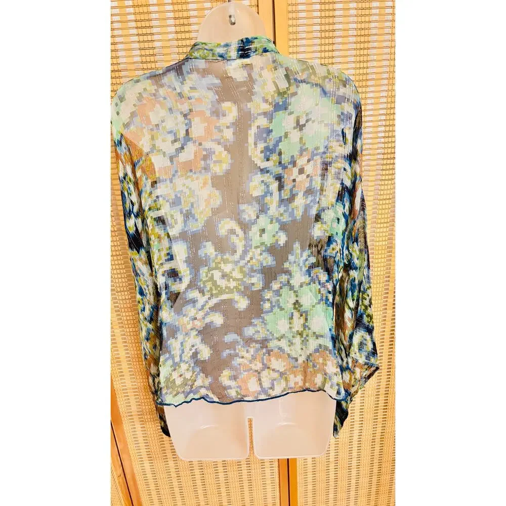 Free People Fleur De Lis blue sheer floral cardigan Kimono style duster sz Small